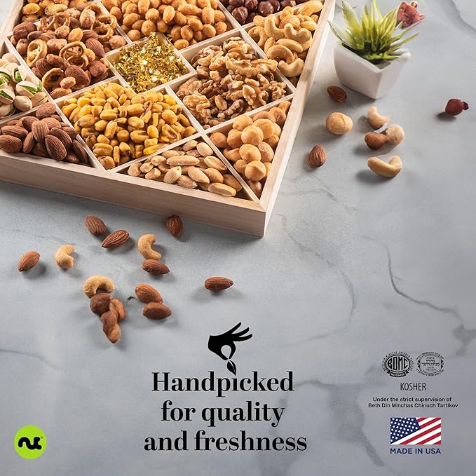 NUT CRAVINGS - Thanksgiving Mixed Nuts Gift Basket in Reusable Diamond Wooden Tray + Green Ribbon (12 Assortments) Holiday Xmas Christmas Food Arrangement Healthy Snack Care Package