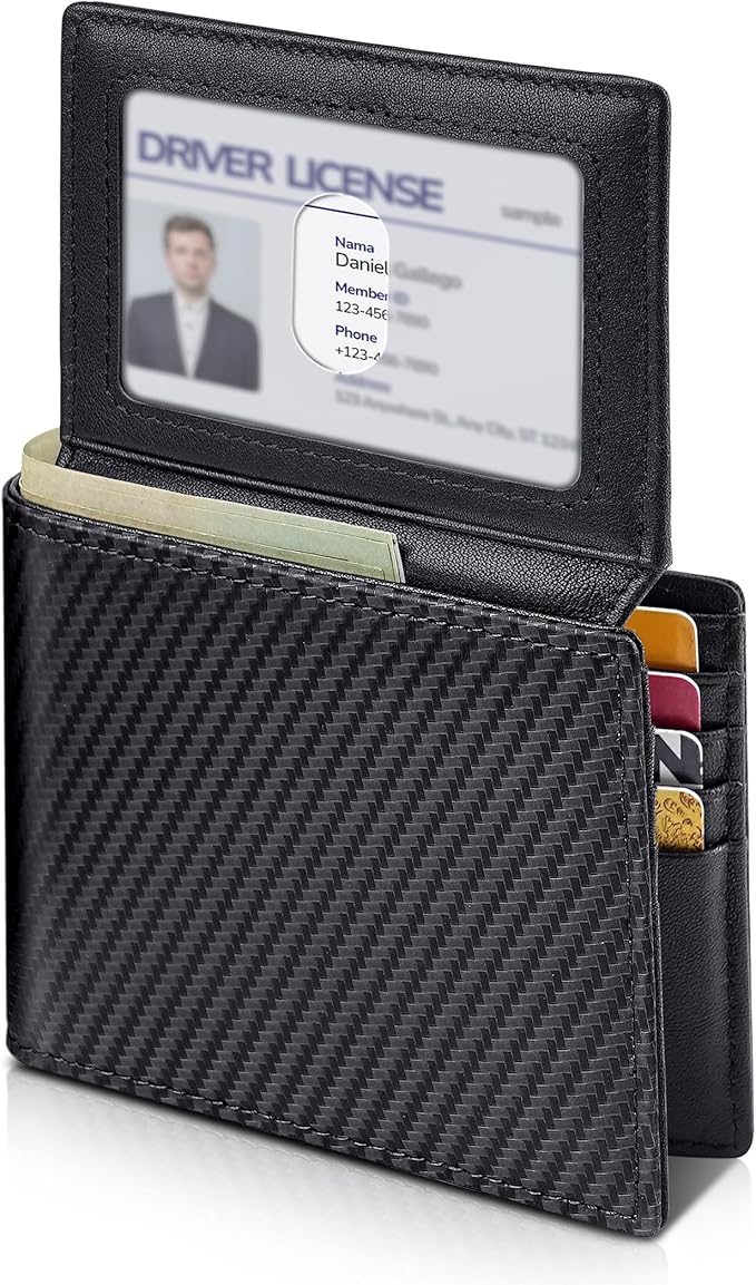 Mens Wallet Bifold Genuine Leather RFID Blocking Wallet for Men with 2 ID Windows 11 Card Holders 2 cash pockets 1 Gift Box