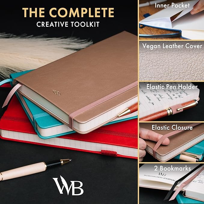 Wordsworth & Black A5 Lined Journal 216 Lined Pages, Hardcover Leather, 120 GSM Paper, Journaling Notebook for Work & Sketching, Journals for Women, Men - Gifts Box Included Rose Gold