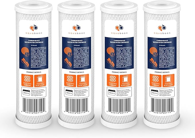 Aquaboon 5 Micron 10 x 2.5 Carbon Block Water Filter Cartridge CTO Whole House Water Filter Replacement Compatible with WHKF-WHWC, FXWTC, 4-PACK