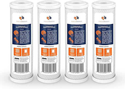 Aquaboon 5 Micron 10 x 2.5 Carbon Block Water Filter Cartridge CTO Whole House Water Filter Replacement Compatible with WHKF-WHWC, FXWTC, 4-PACK