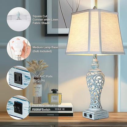Table Lamp Bedside Lamps Set of 2, 28.5'' Luxsight Farmhouse Table Lamps for Bedroom, Lamps for Nightstands with Night Lights, with USB C+A Ports, Rustic Lamp for Living Room, Bulb Included