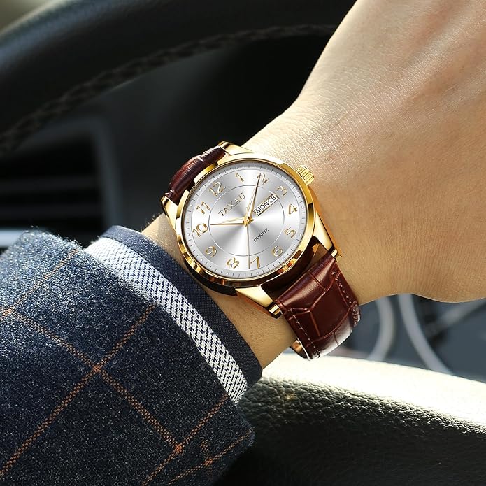 Men's Watch Big Face Easy Read Arabic Numeral Dress Watches for Men Classic Black Brown Leather Band Analog Mens Wrist Watch with Day and Date Fashion Business Waterproof Luminous Quartz Watch