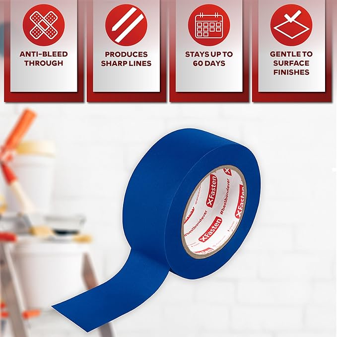 XFasten Professional Blue Painters Tape, Sharp Edge Line Technology, 1.5 Inches x 60Yards (3-Pack) - Produces Sharp Lines and Residue-Free Artisan Grade Clean Release Wall Trim Tape