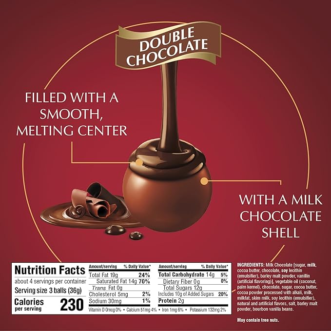 Lindt LINDOR Double Chocolate Milk Chocolate Candy Truffles, Milk Chocolate with Smooth, Melting Truffle Center, Great for Gift Giving, 5.1 oz. Bag (6 Pack)