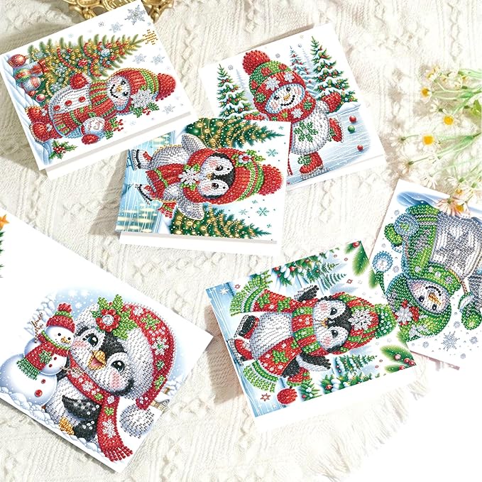 8pcs Christmas Diamond Painting Greeting Cards Christmas snowman & penguin, for Blessings and Wishes, Special Shape Crystal Partial Mosaic Making Craft, Paper Material, DIY Gifts for Holiday