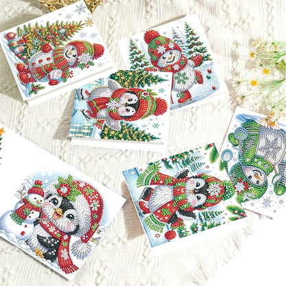 8pcs Christmas Diamond Painting Greeting Cards Christmas snowman & penguin, for Blessings and Wishes, Special Shape Crystal Partial Mosaic Making Craft, Paper Material, DIY Gifts for Holiday