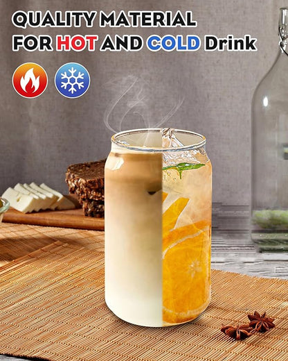 Drinking Glasses with Bamboo Lids and Glass Straw 8PCS Set, 16oz Glass Cups with Lids and Straws, Beer, Iced Coffee Glasses, Soda, Gift 2 Cleaning Brushes