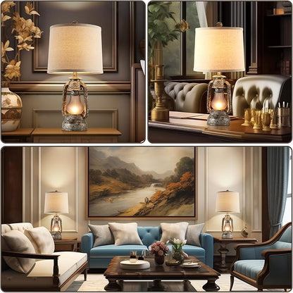 RORIANO Farmhouse Rustic Table Lamps for Living Room Set of 2, Vintage Lantern Table Lamp with Dual USB Ports, Retro Nightstand Lamp for Bedroom Bedside, 4 Bulbs Included (Iron Gray)