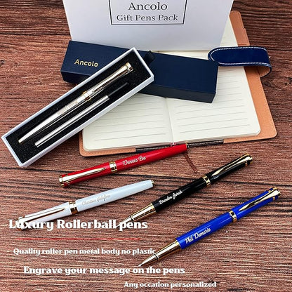 Ancolo Engraved Pens Luxury Roller Pens with 5 Gfit Box 10 extra Black Refills Metal Body Engraved with Your Message Personal Names Phone Number, Gift for Men Women