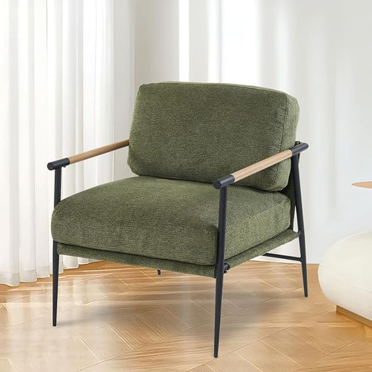 Accent Chair Mid Century Modern Armchair for Living Room,Bedroom,Office,Lounge Comfy Chenille Upholstered Soft Removable Washable Cushions and Pillows,Metal Wood-Grain Armrest Legs,Green
