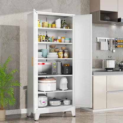 White Metal Storage Cabinet,75" Steel Cabinets for Home Office, Kitchen Pantry Storage Cabinet with Doors and 5 Adjustable Shelves, Tool Cabinets, for Office, Home, Garage, School