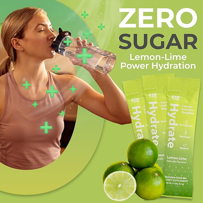 310 Nutrition Sugar Free Electrolytes Powder - Instant Hydration Packets for Daily Fluid Balance - Caffeine-Free Rehydration Drink Mix w/Vitamins, Low Calorie & Keto Friendly - Lemon Lime 15 Singles