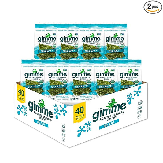 Gimme Seaweed Organic Premium Roasted Seaweed Snacks, Sea Salt, 40 Count, Keto, Vegan, Gluten-Free, Great Source of Omega3s and Iodine, Healthy On-The-Go Snack for Kids and Adults