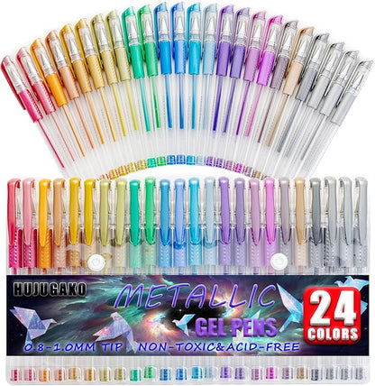 48 Pack Metallic Gel Pens, 24 Colored Gel Pen with 24 Refills,40% More Ink Write Smooth for Adults Coloring Books Drawing Doodling Scrapbooks Bullet Journaling