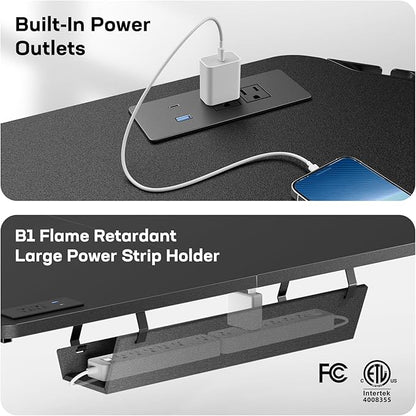 HUANUO 63″ Dual Motor L-Shaped Standing Desk, Built-in Power Outlets, Electric Height Adjustable Corner Computer Desk, Large Power Strip Holder, Sit Stand Up Desk with 3 Preset Heights, Black