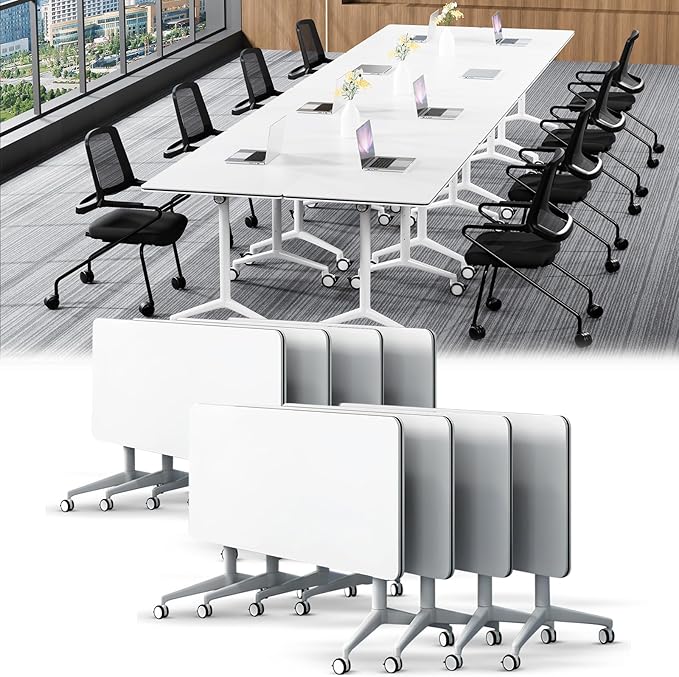 Conference Table,Folding Conference Table with Silent Wheels,Rectangular Business Conference Room Table,for Reception Offices Classrooms Meeting Training Room (8, White, 55.1in)