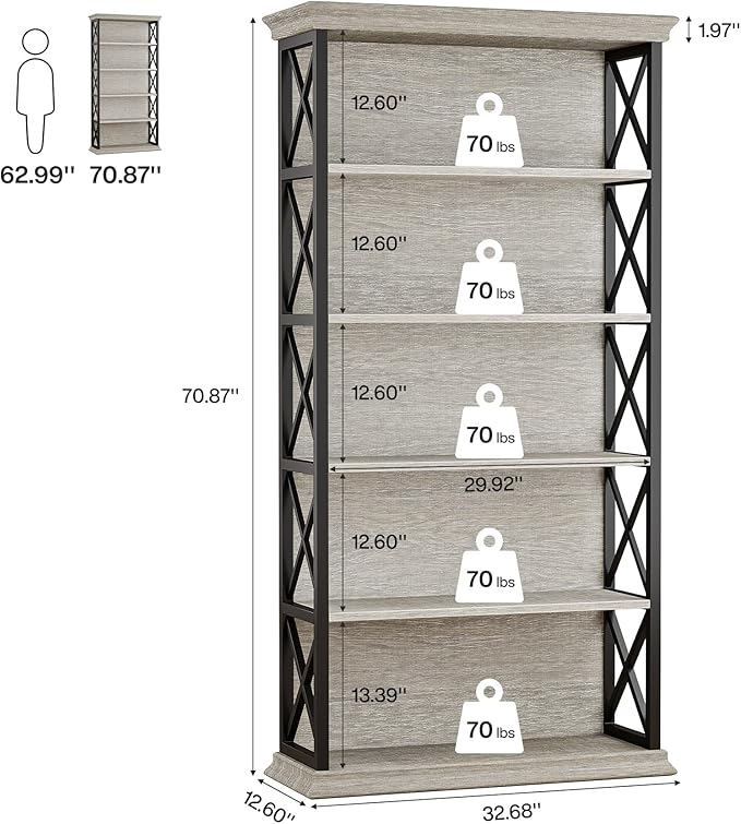 Tribesigns 6-Tier Bookcase, 71 Inches Industrial Bookshelves and Bookcases, Floor Standing 5 Tall Shelf Display Storage Shelves Bookcase for Living Room, Home Office, Bed Room, 2 Pcs