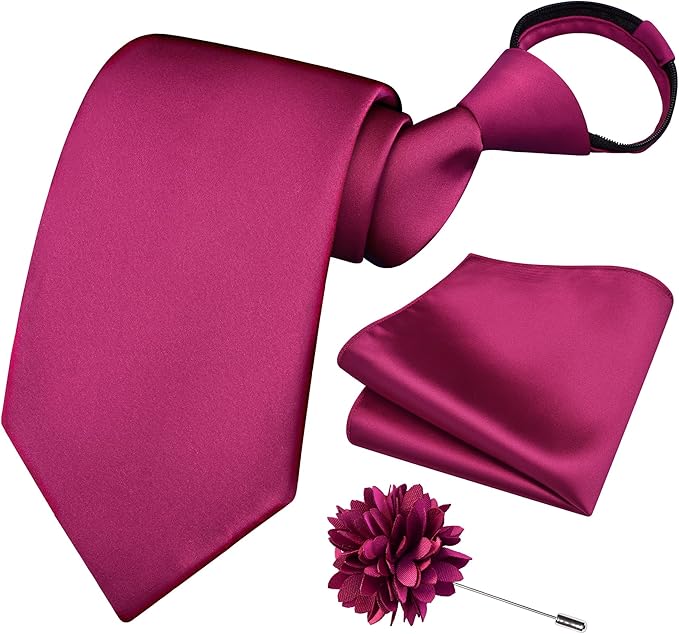 Branduce 3.15"（8cm） Pre-tied Adjustable Zipper Tie and Lapel Pin Solid Necktie Handkerchief Set for Men