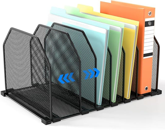 Adjustable File Organizer for Desk, 6 Sections Vertical File Folder Holders Desktop Binder Organizer, Mesh Desk Organizer File Sorter for Home Office Classroom, Black