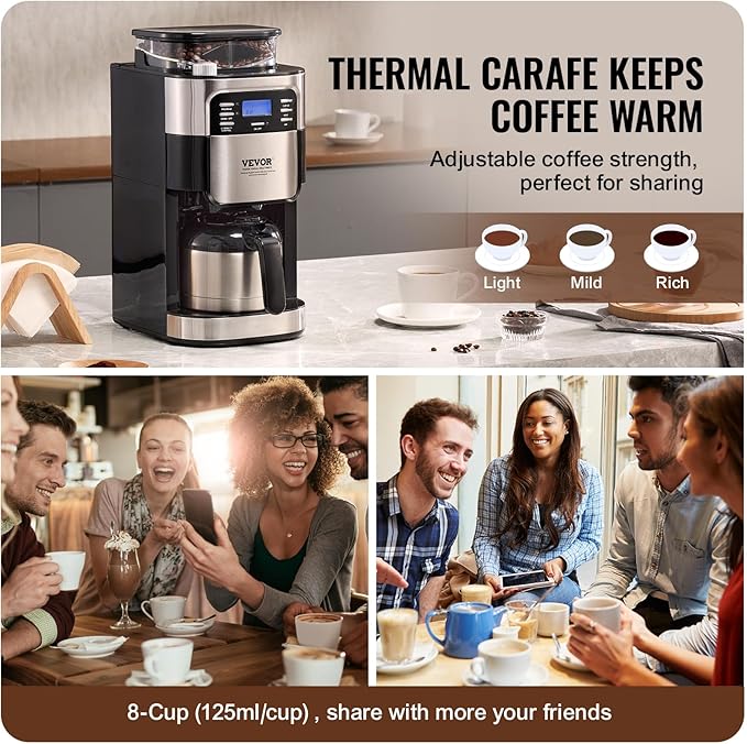 VEVOR Coffee Maker with Grinder, 8 Cup Coffee Machine, Grind and Brew Coffee Maker with 3 Brew Strength Control, 24-Hour Timer for Auto Brew, for Home Office Restaurant