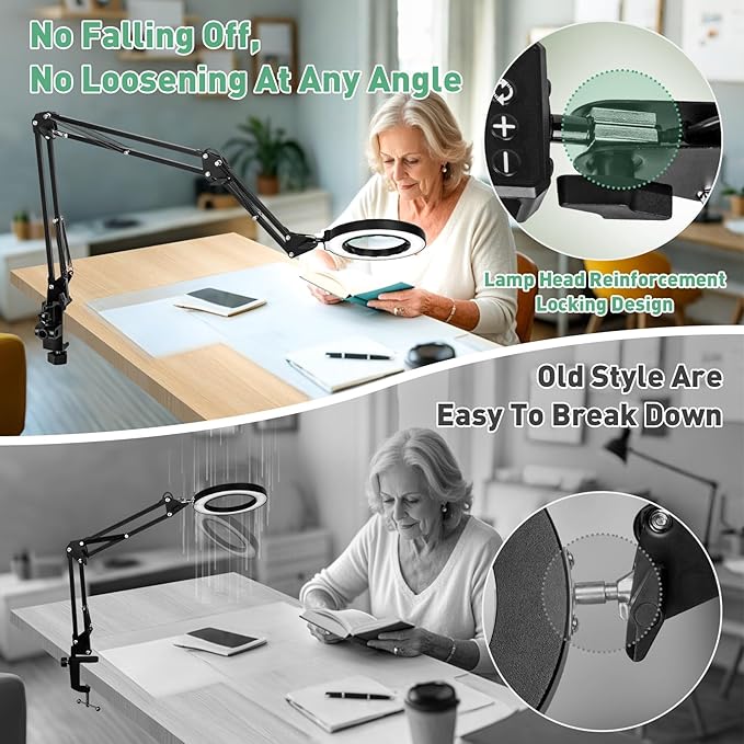 12X Magnifying Glass with Light, Ultra Long 3 Section Swing Arm LED Desk Lamp with Large Clamp, 5 Color and Brightness Hands Free Magnifier Light and Stand for Workbench Crafts Reading Painting