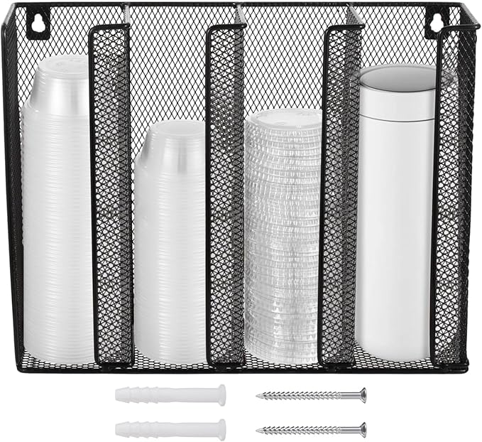 Wall Mount Portion Sauce Cup Lid Organizer, Black Metal Mesh Sauce Cup Dispenser, 4 Compartment for Stacking Plastic Disposable Cup and Lid Storage For Kitchen Restaurant Coffee Bar,Easy Installatio
