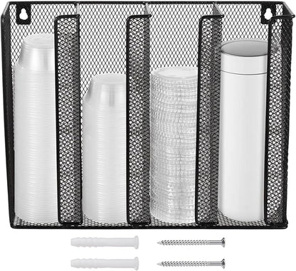 Wall Mount Portion Sauce Cup Lid Organizer, Black Metal Mesh Sauce Cup Dispenser, 4 Compartment for Stacking Plastic Disposable Cup and Lid Storage For Kitchen Restaurant Coffee Bar,Easy Installatio