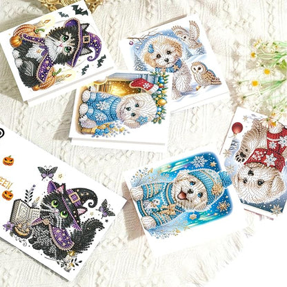 8pcs Diamond Painting Greeting Cards- Christmas Puppy & Halloween Kitten Cards for Blessings and Wishes, Special Shape Crystal Partial, Paper Material, DIY Gifts for Christmas Day Halloween
