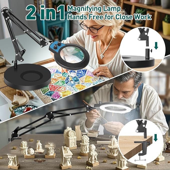 10X Magnifying Glass with Light and Stand, Upgraded Any Color Modes & Stepless Dimming Magnifying Lamp, 2-in-1 Hands Free LED Lighted Magnifier Desk Lamp for Craft Sewing Close Work-Blue Label