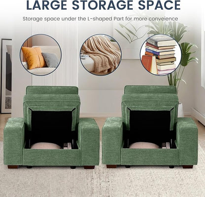 TEKAMON 45" Accent Chair with Seat Storage, Oversized Single Sofa Chair, Modern Chenille Fabric Armchair for Living Room/Office with Wide Armrests, Side Pockets, USB/Washable Covers(Green)