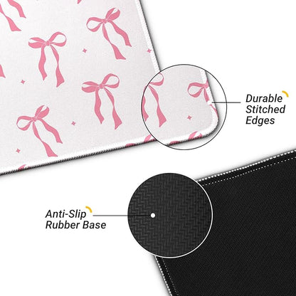 Large Computer Mouse Pad with Non-Slip Base for Desktop, Cute Gaming Mouse Mat with Stitched Edges, Long Extended Anime Mousepad for Laptop, 31.5 x 11.8 inches (Pink Ribbon Bow)