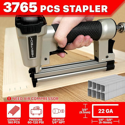 KEENTECH Pneumatic Staple Gun 22 Gauge, Air Upholstery Stapler with 3765pcs 3/8" Crown Staples 1/4"-5/8", Ready-to-Use Air Staple Gun with Staples, Safety Trigger, for Wood Furniture Fabric Leather