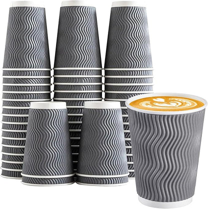 Lamosi 12 oz Insulated Coffee Cups Disposable - 50 Count Grey Paper Coffee Cups No Lids 12oz, Corrugated Ripple Wall Design for Hot Cold Drinks