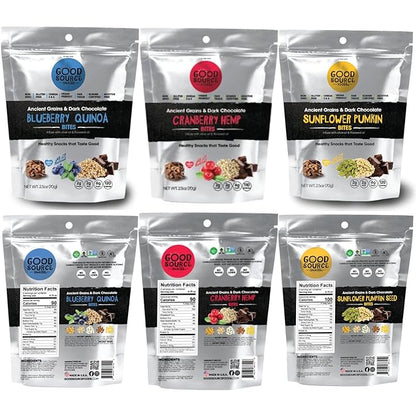Good Source Snacks Dark Chocolate Bites & Ancient Grains, Sample Variety 3 Pack, 3 oz, Cranberry Hemp, Blueberry Quinoa, Sunflower Pumpkin Seed, Vegan, Gluten Free, Non GMO, Kosher