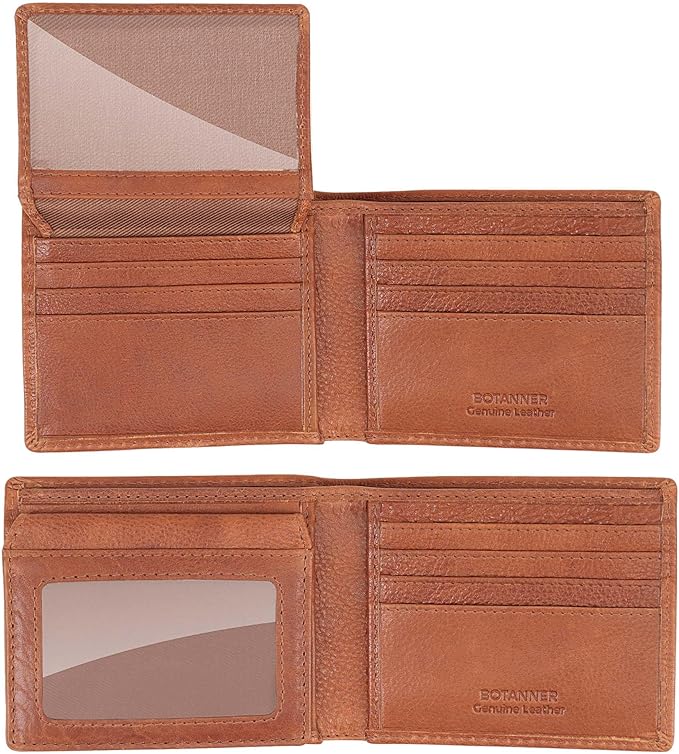 Mens Genuine Leather Flip ID Wallet RFID Blocking 8 Credit Card Slots 2 ID Windows 2 Sections for Bills 3 Hidden Pockets | Tan