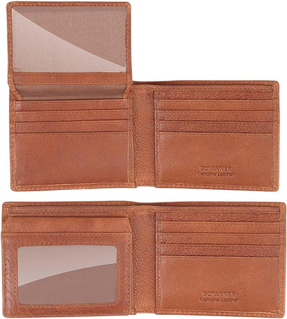 Mens Genuine Leather Flip ID Wallet RFID Blocking 8 Credit Card Slots 2 ID Windows 2 Sections for Bills 3 Hidden Pockets | Tan