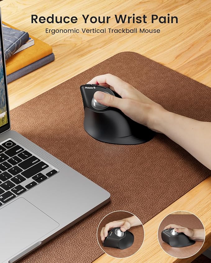 ProtoArc Vertical Wireless Trackball Mouse, EM05 NL Bluetooth Ergonomic Rollerball Mouse Rechargeable Computer Laptop Thumb Mice, 3 Device Connection, Compatible with iPad, Mac, Windows, PC-Silver
