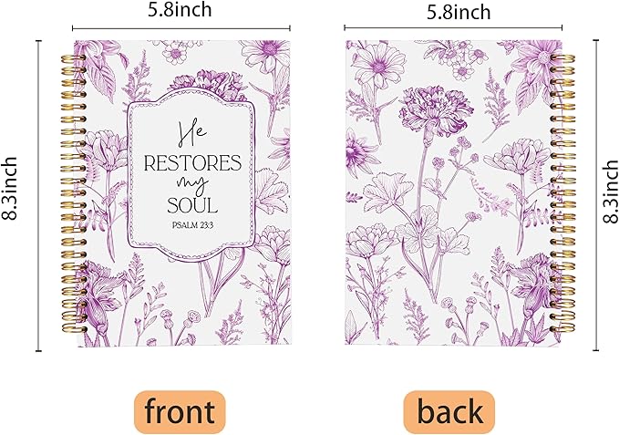 Christian Notebook for Women, Christian Art Gifts Journal, Prayer Journal for Women, Bible Journaling Notebook, PSALM 23:3 He Restores My Soul Floral Spiral Notebook 5.5x8.3