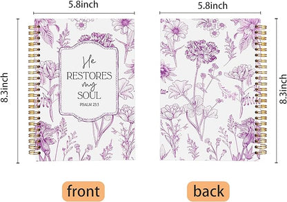 Christian Notebook for Women, Christian Art Gifts Journal, Prayer Journal for Women, Bible Journaling Notebook, PSALM 23:3 He Restores My Soul Floral Spiral Notebook 5.5x8.3