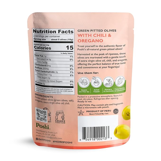 POSHI Green Pitted Olives - Chili & Oregano | Vegan, Kosher, Gluten Free + Keto Friendly, Fresh, All Natural Low Calorie Healthy Snacks | (30 Pack, 1.1oz Bags)
