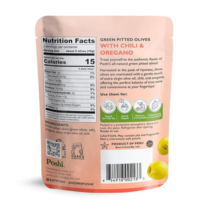 POSHI Green Pitted Olives - Chili & Oregano | Vegan, Kosher, Gluten Free + Keto Friendly, Fresh, All Natural Low Calorie Healthy Snacks | (30 Pack, 1.1oz Bags)