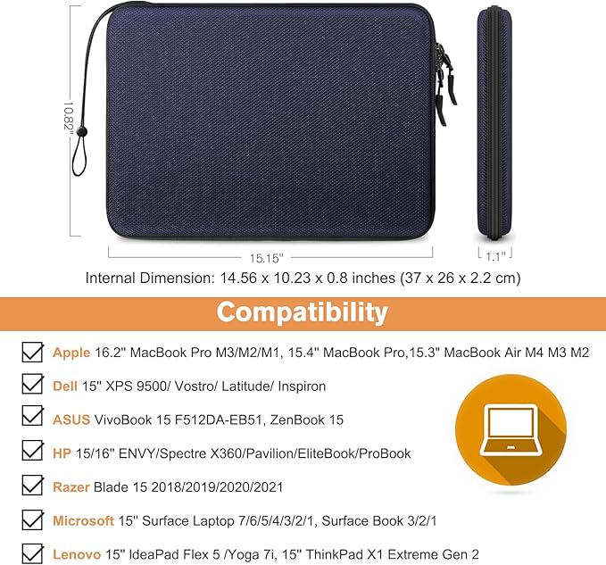 FINPAC Hard Laptop Sleeve Case for 15.3 inch MacBook Air M4 M3 M2 2025 2024, 16.2 inch MacBook Pro M4/M3/M2/M1 Pro/Max A2991 A2780 A2485 A2141, Waterproof Case for Surface Laptop/Book, Navy
