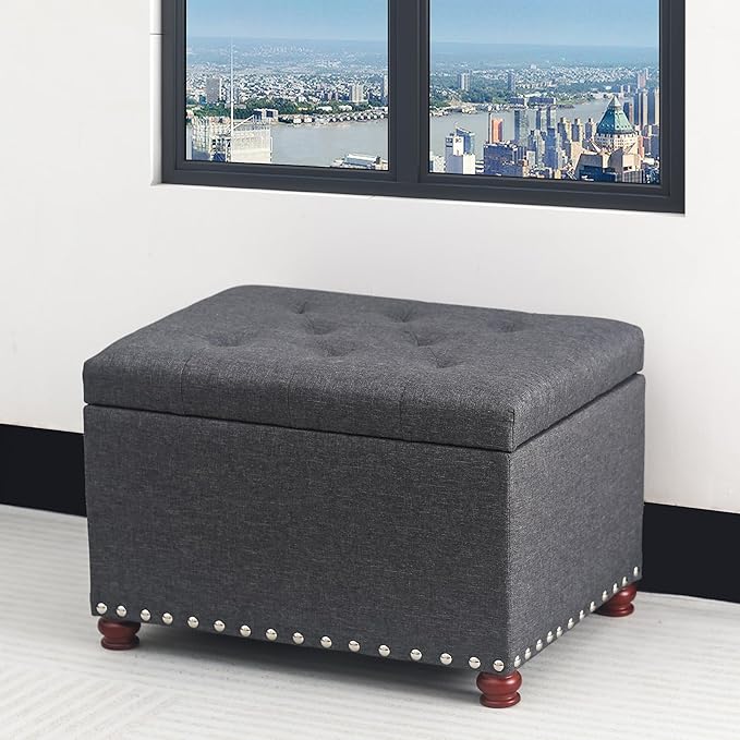 Adeco 24" Rectangular Fabric Storage Ottoman, Button Tufted Accents Linen Bench with Storage, Rivet Footstool with Wooden Legs and Safety Close Hinge for Living Room Bedroom Entryway