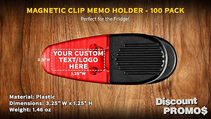 100 Magnetic Memo Holders Set - Customizable Text, Logo - Large Clip, Plastic - TRed