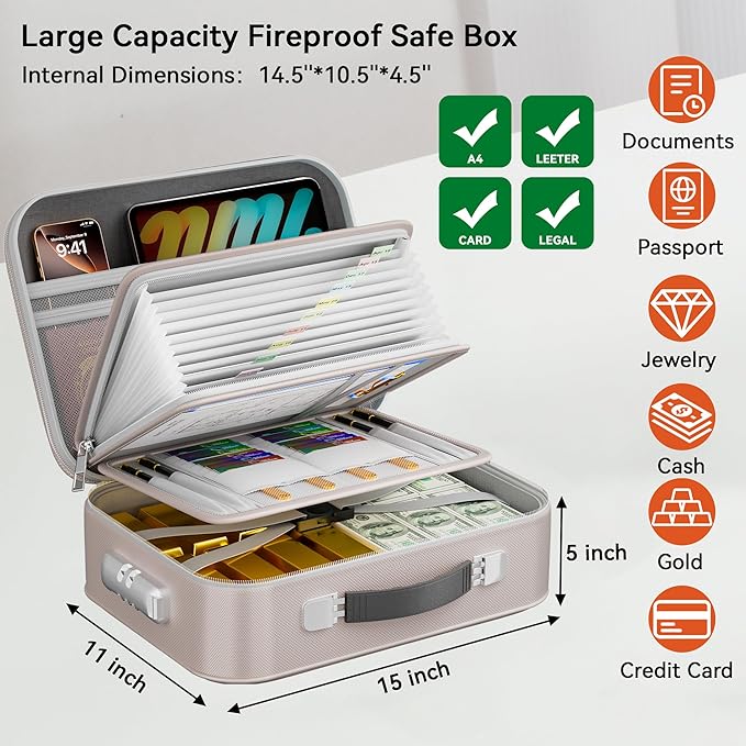 Fireproof Document Box, Hard Case Fireproof Box with Lock, Portable Hard-Shell Fireproof Water Resistant Document Safe for Important Documents, Laptops, Passports, Files and More (Gray)
