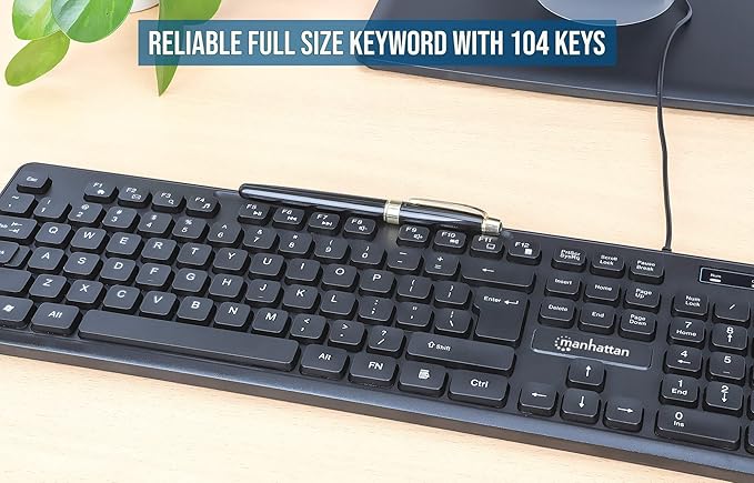 MANHATTAN USB Wired Computer Keyboard - with 4.5 ft USB-A Cable, 104 Quiet Membrane Keys, Full-Size, Spill-Resistant - Compatible with Windows, Linux, Laptop, Desktop, PC - 3 Yr Mfg Warranty - 180689