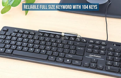 MANHATTAN USB Wired Computer Keyboard - with 4.5 ft USB-A Cable, 104 Quiet Membrane Keys, Full-Size, Spill-Resistant - Compatible with Windows, Linux, Laptop, Desktop, PC - 3 Yr Mfg Warranty - 180689