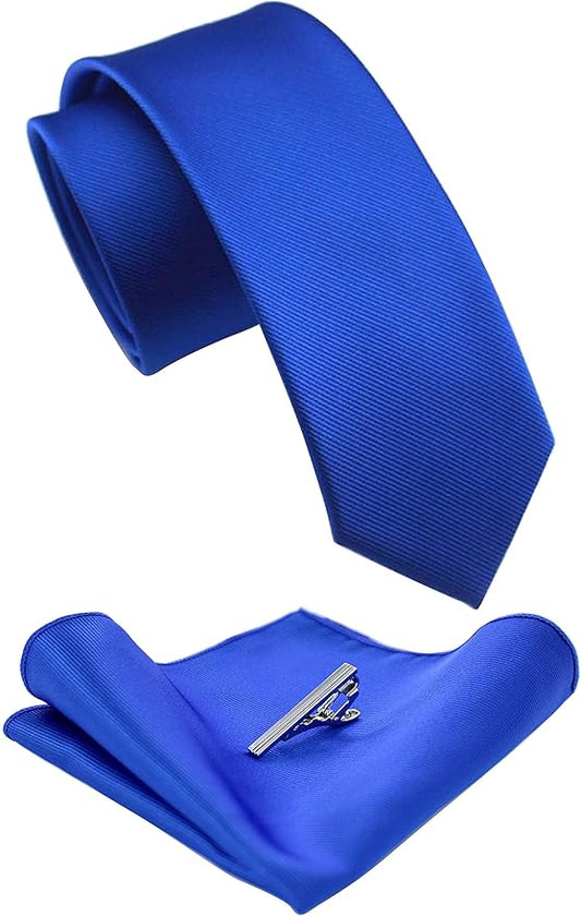 JEMYGINS 2.4" Solid Color Skinny Tie and Pocket Square with Tie Clip Sets for Men (6cm)