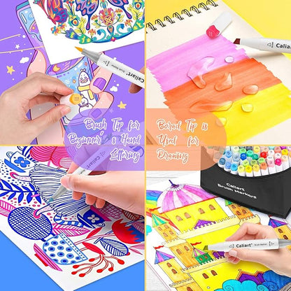 Caliart Alcohol Markers Brush Tip, 121 Colors Dual Tip Coloring Marker Pen Set Brush & Chisel, Art Supplies Kit Gift for Adults Coloring Book Artists Sketch Drawing Illustration